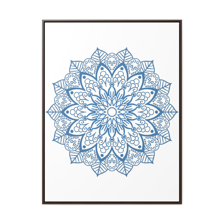 Beautiful Mandala Handmade Art in Steel Blue, displayed on Gallery Canvas Wraps in a Vertical Frame