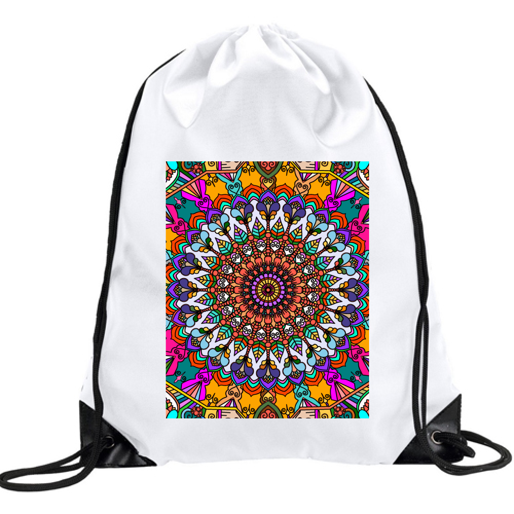 White drawstring bag with mandalas, perfect for carrying essentials in style