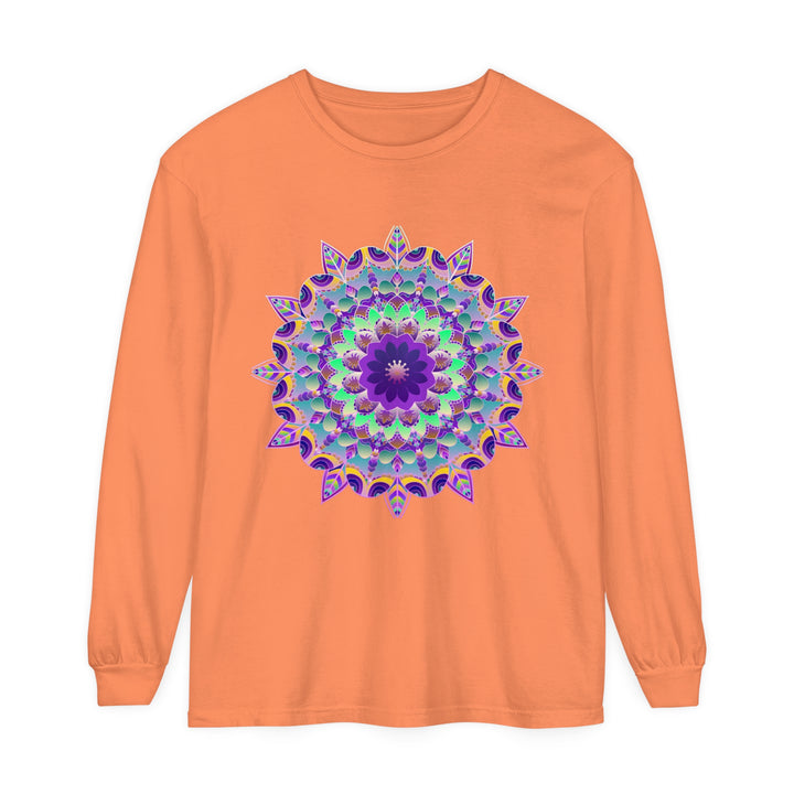 Colorful and intricate psychedelic mandala design on long sleeve t-shirt