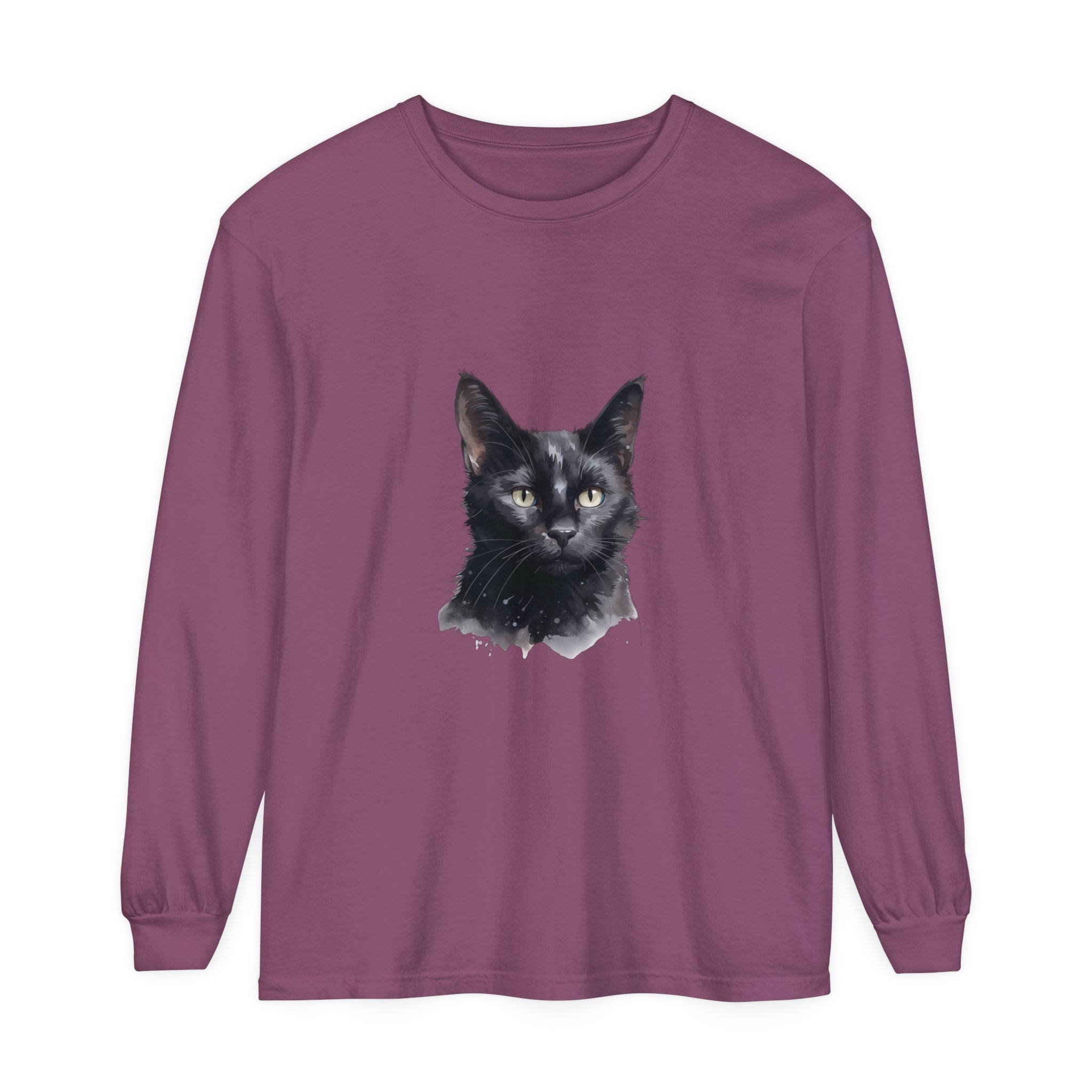 Black Cat Watercolor Unisex Long Sleeve T-Shirt, a comfortable and stylish option for cat lovers