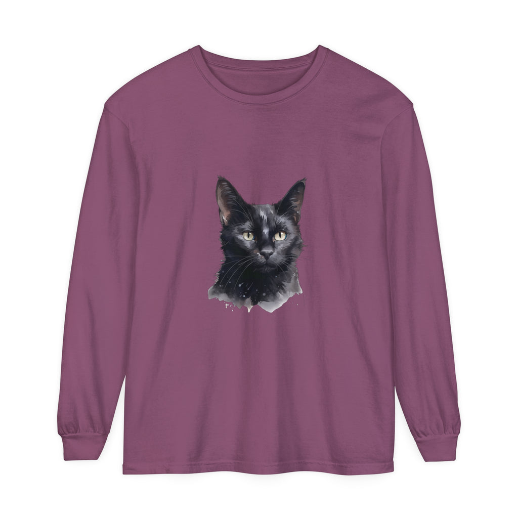 Black Cat Watercolor Unisex Long Sleeve T-Shirt, a comfortable and stylish option for cat lovers