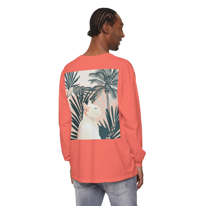 White Cat Tropical Mandala Long Sleeve T-Shirt featuring a cute feline surrounded by vibrant tropical mandala design