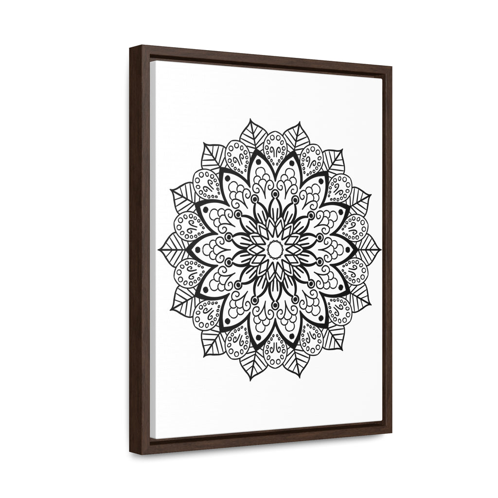 Beautiful handcrafted mandala art in black and white, displayed on gallery canvas wraps in a vertical frame