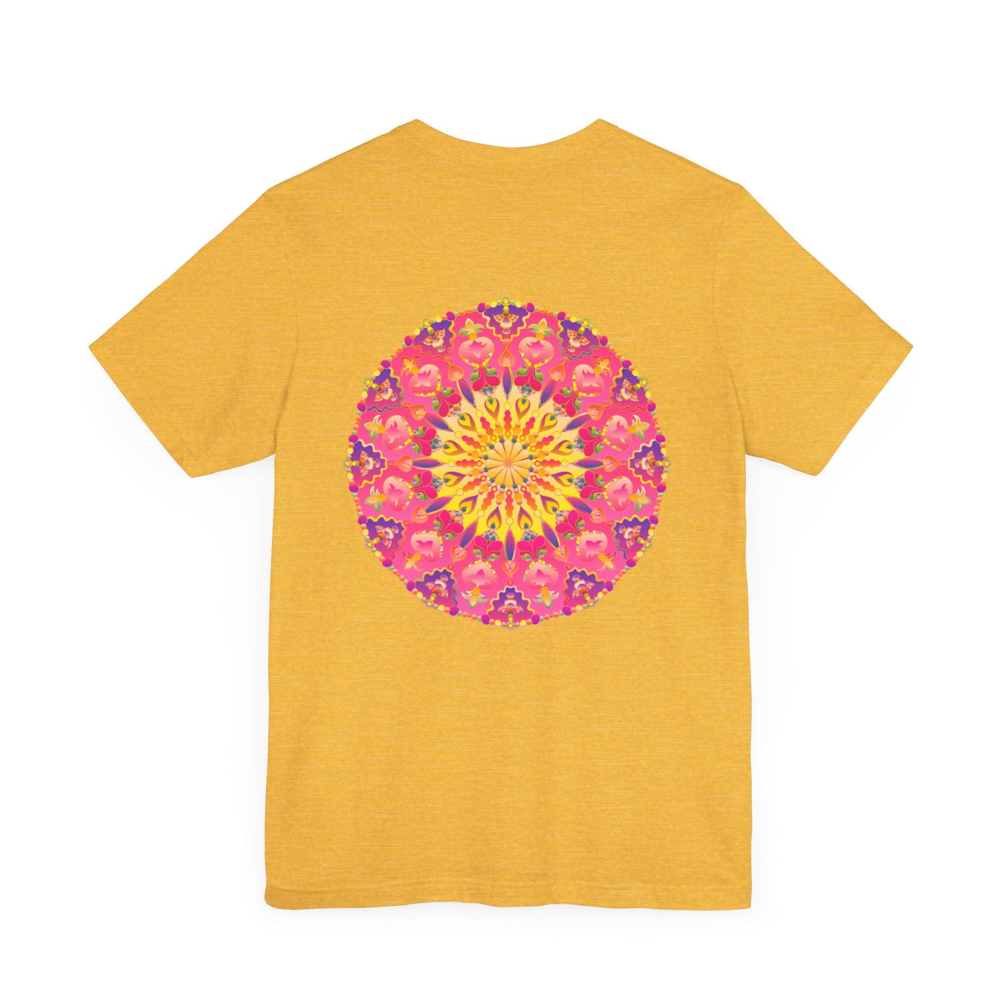 Beautiful pink and yellow mandala t-shirt with intricate design promoting peace and harmony, perfect for a stylish and peaceful look