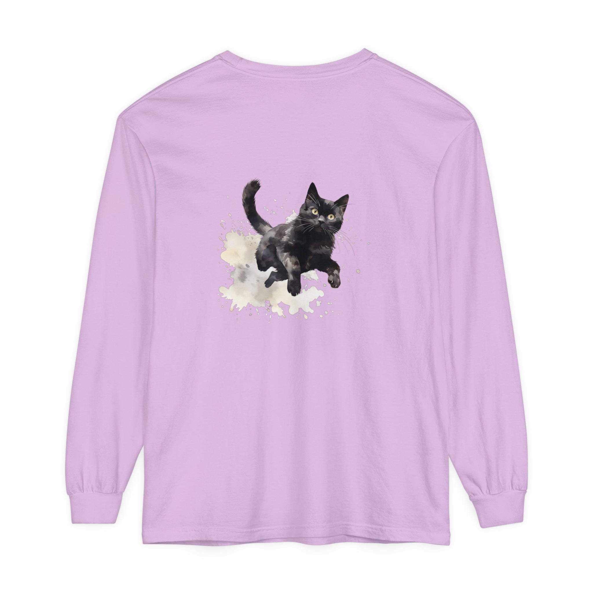 Black Cat Watercolor Splash T-Shirt featuring a playful feline design on a vibrant, high-quality cotton shirt