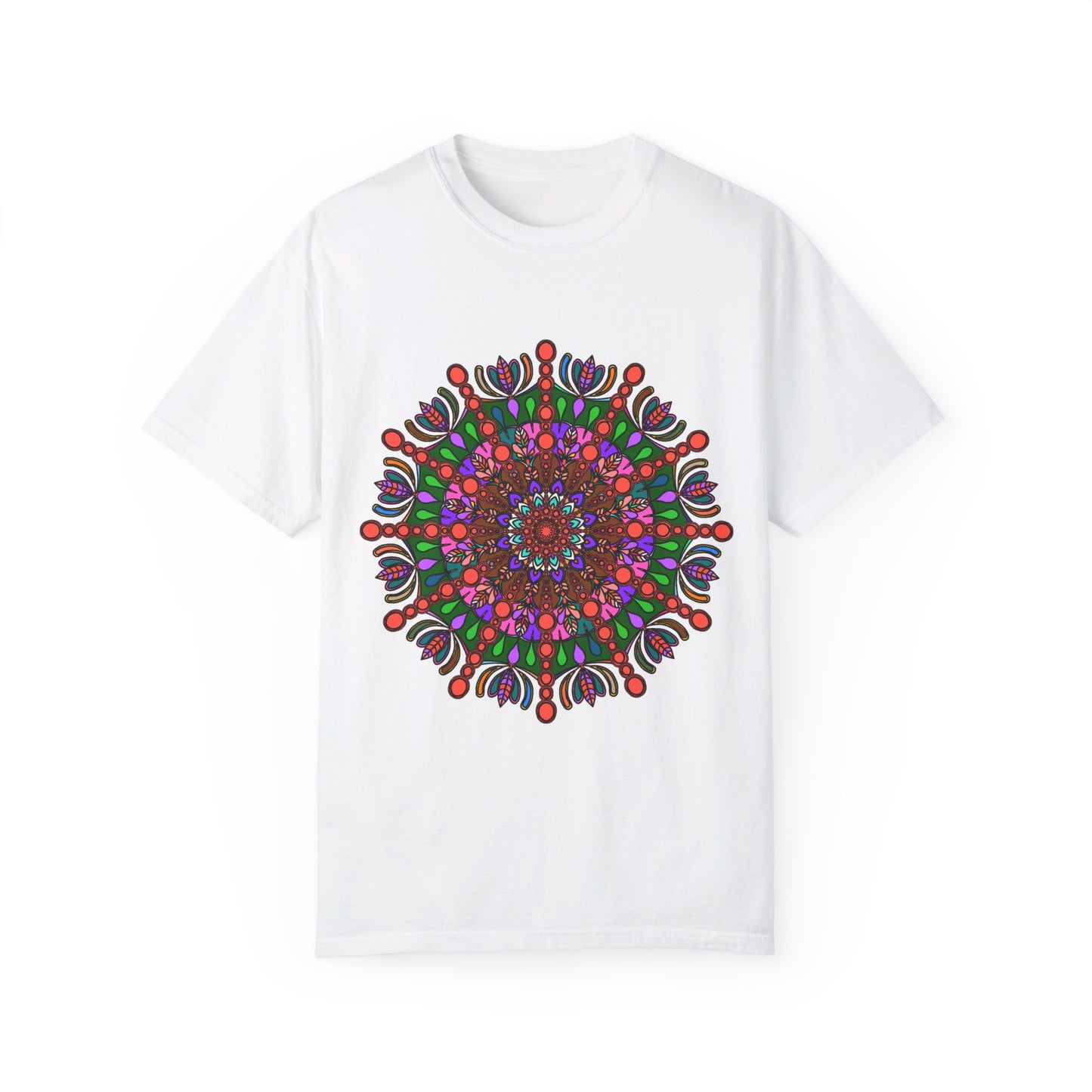 Hand-drawn mandala design on unisex t-shirt, made of 100% ring-spun cotton and garment-dyed for extra comfort