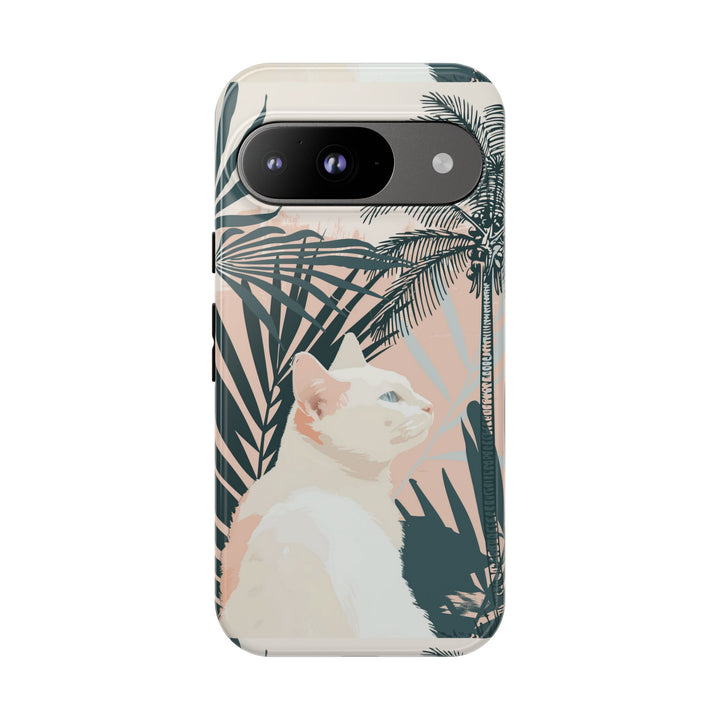 Tropische Katzen-Telefonhülle mit üppigen Palmenmotiven und sanften Pastelltönen