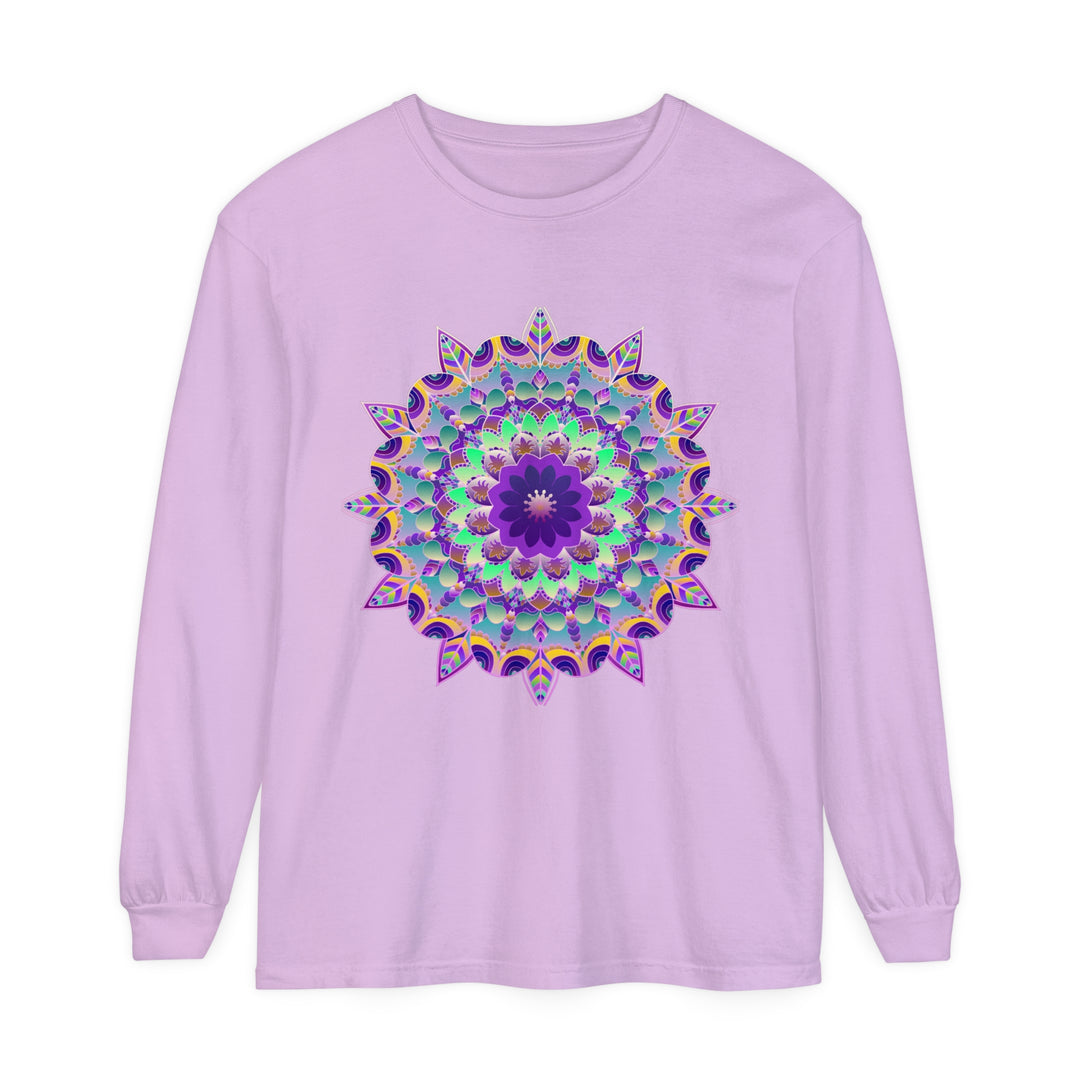 Colorful and intricate psychedelic mandala design printed on a long sleeve t-shirt