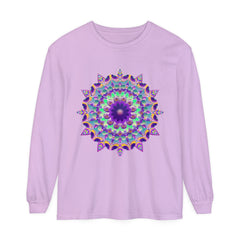 Colorful and intricate psychedelic mandala design printed on a long sleeve t-shirt