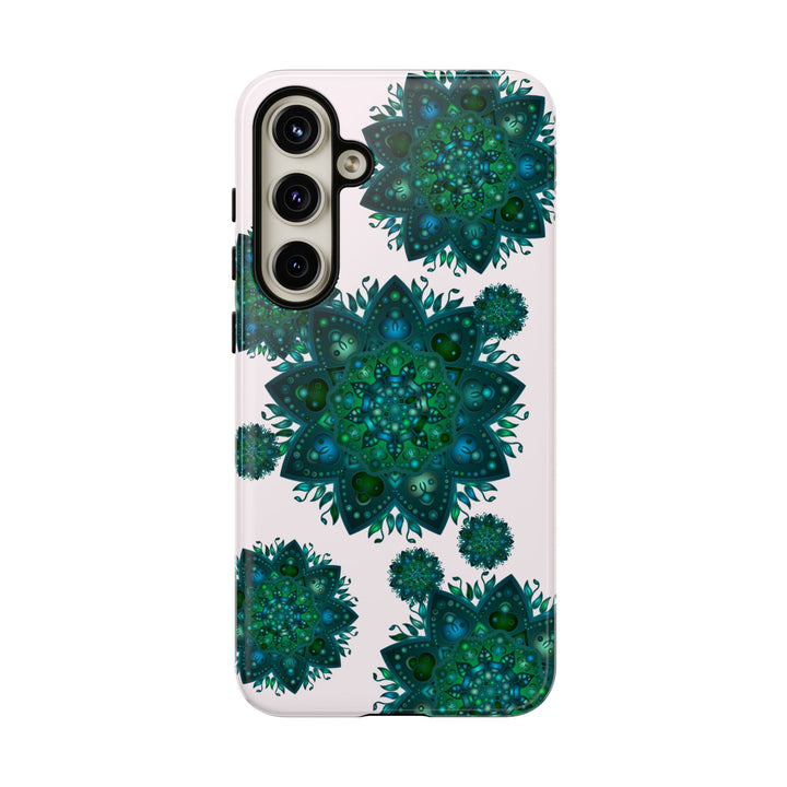 Beautiful light pink and green mandala phone case with a peaceful and intricate design