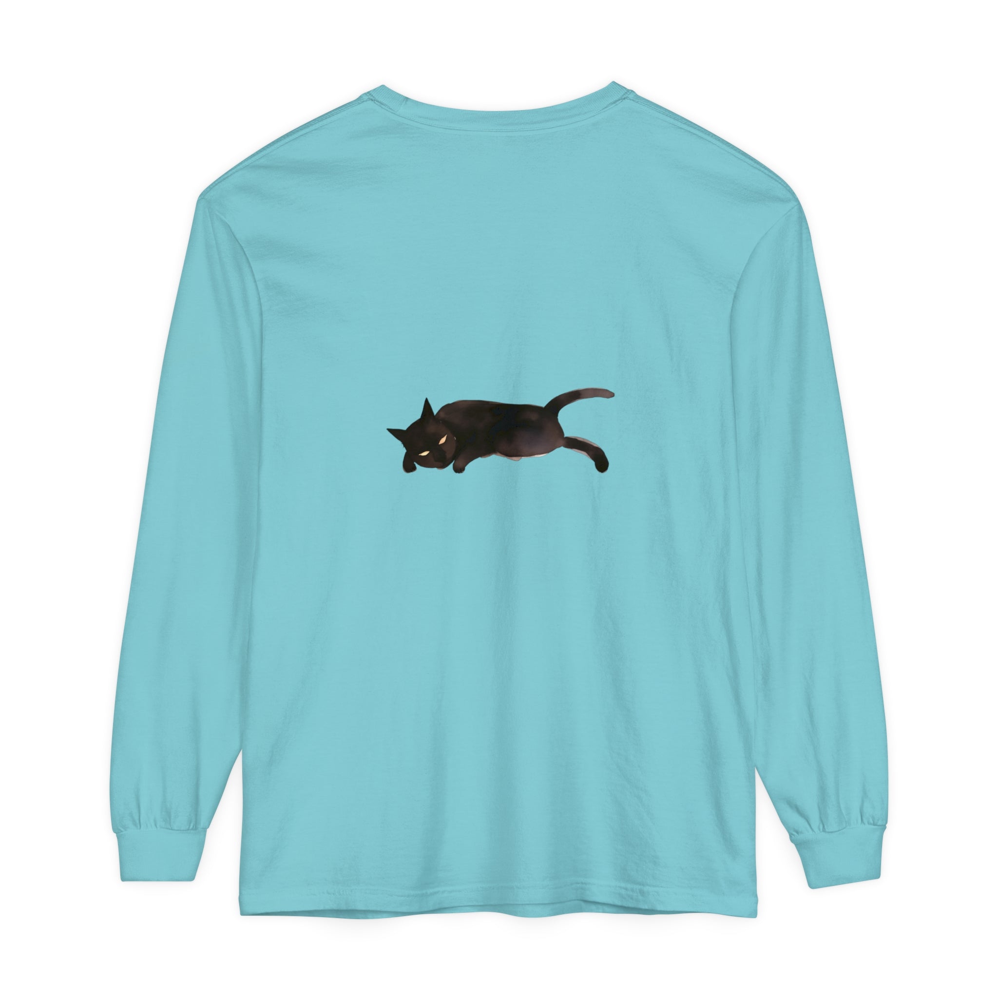 A cozy unisex long sleeve t-shirt featuring a sleeping black cat design