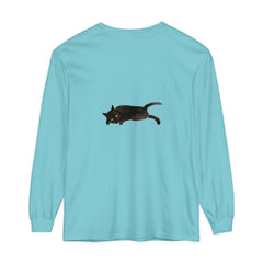 A cozy unisex long sleeve t-shirt featuring a sleeping black cat design