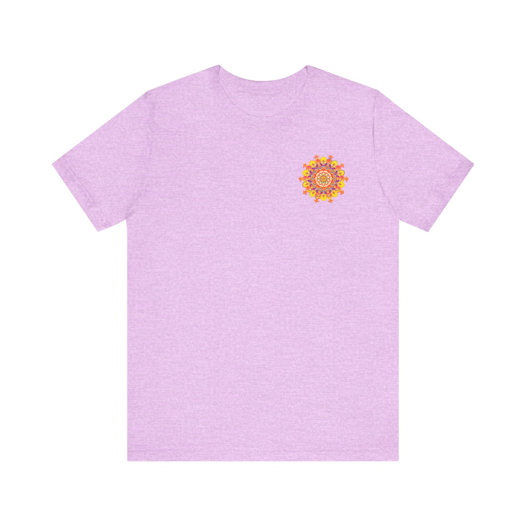 A woman wearing the Vibrant Mandala Tee, radiating a sense of tranquility and spiritual connection