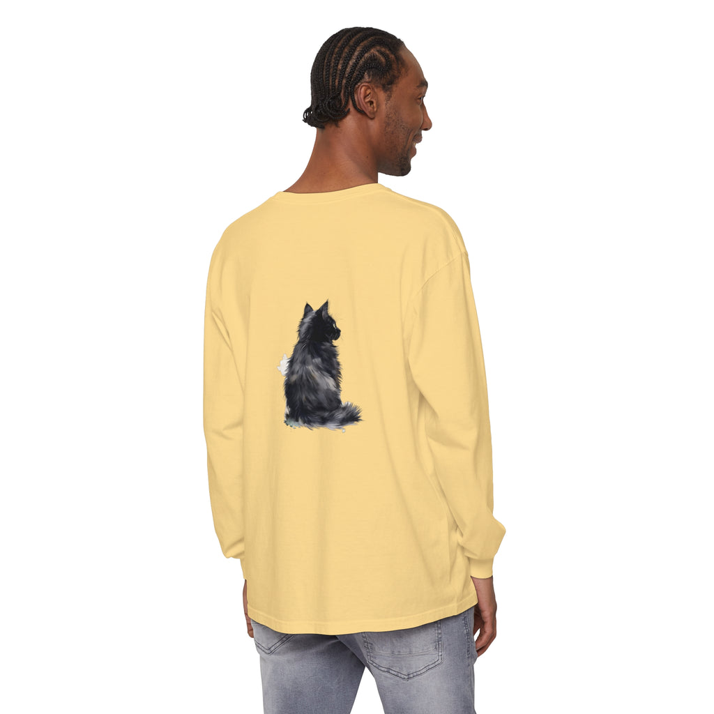 A watercolor illustration of a black and white cat on a long sleeve t-shirt