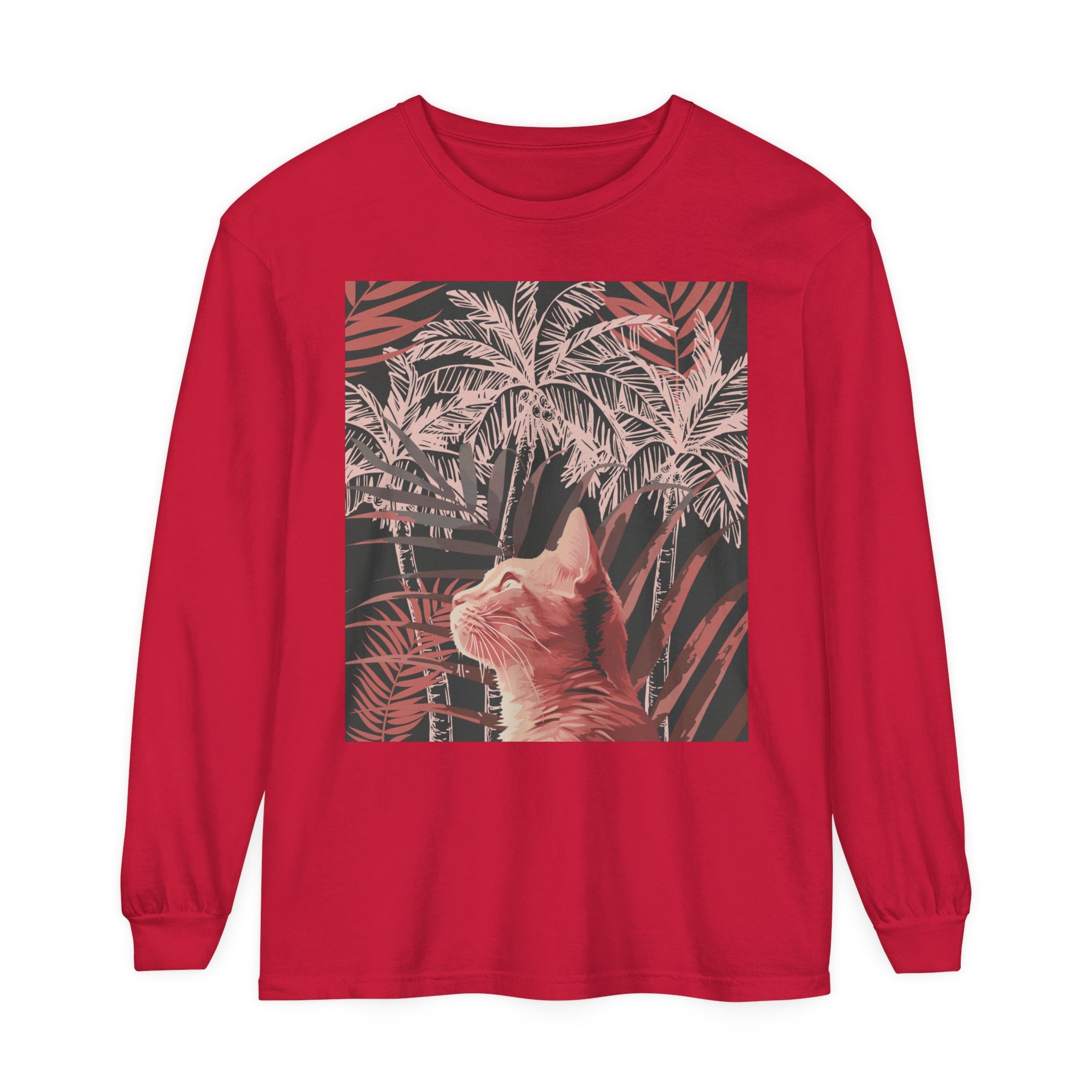 Adorable ginger cat sitting with a tropical palm tree on a white t-shirt