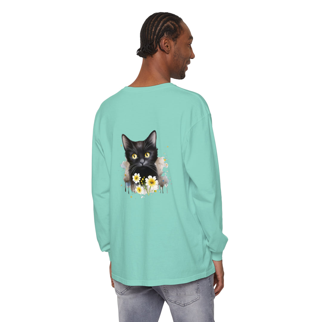 Black Cat Watercolor Floral Unisex T-Shirt featuring a beautiful watercolor floral design and a black cat motif, perfect for both men and women