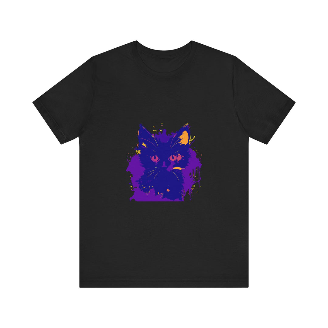 Whimsical blue and pink cat t-shirt featuring a playful feline design