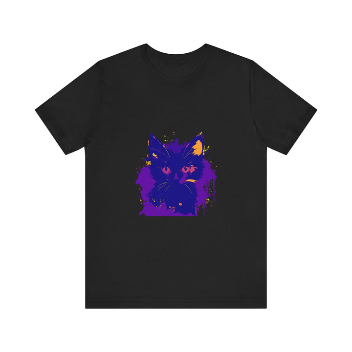 Whimsical blue and pink cat t-shirt featuring a playful feline design