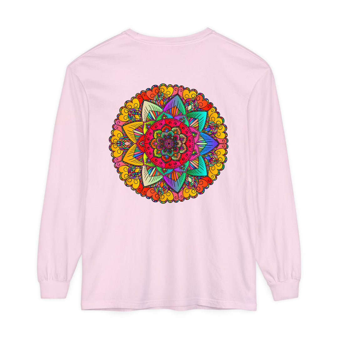 Colorful and intricate mandala design on a unisex long sleeve t-shirt