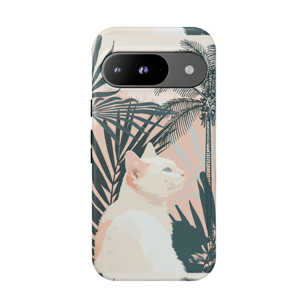 Tropische Katzen-Telefonhülle mit üppigen Palmenmotiven und sanften Pastelltönen