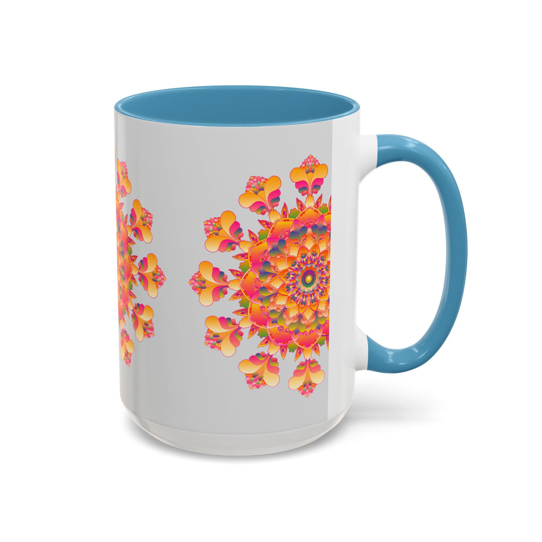 A beautiful ceramic mug with a colorful floral mandala design