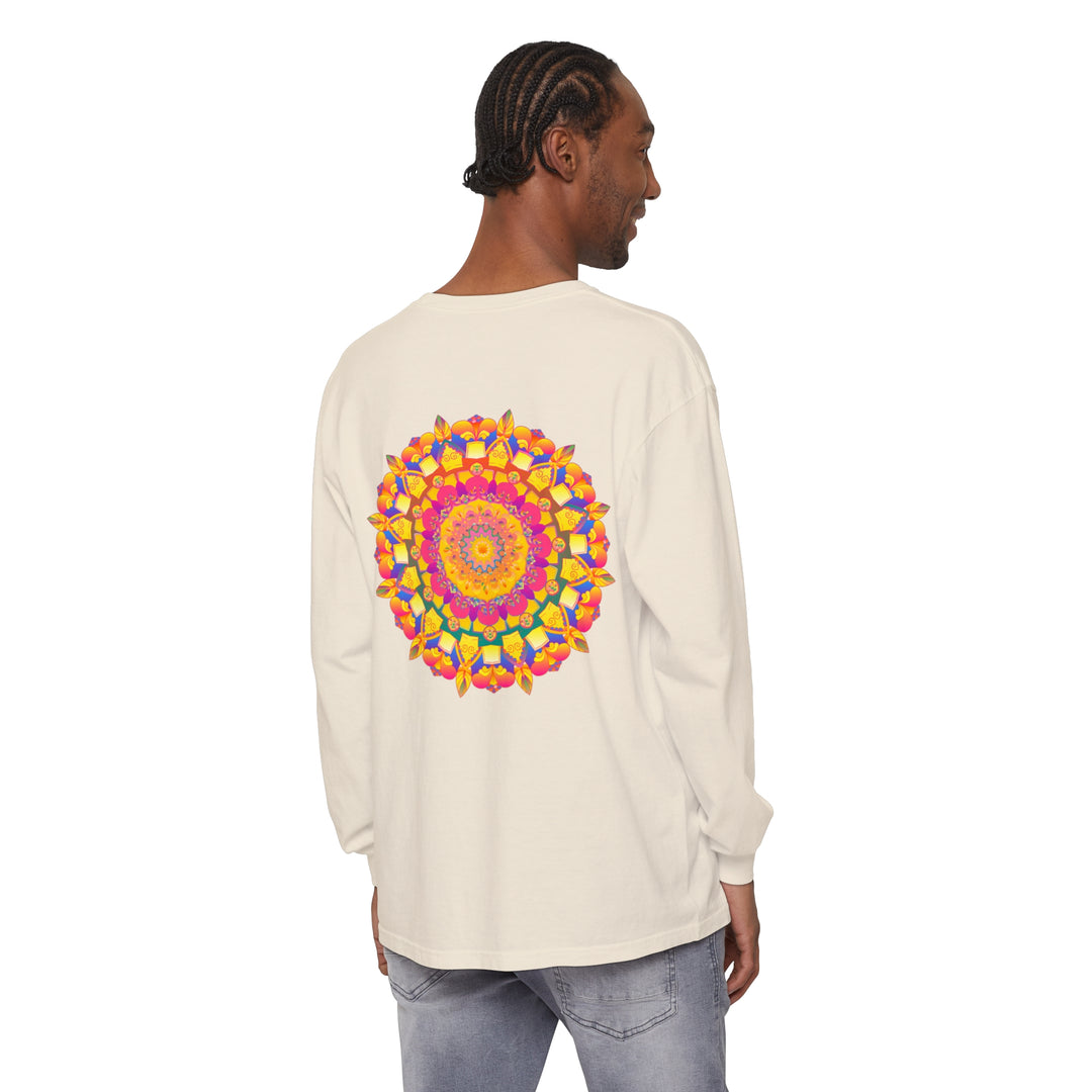 Vibrant and intricate long sleeve t-shirt featuring a colorful mandala design inspired by psychedelic art