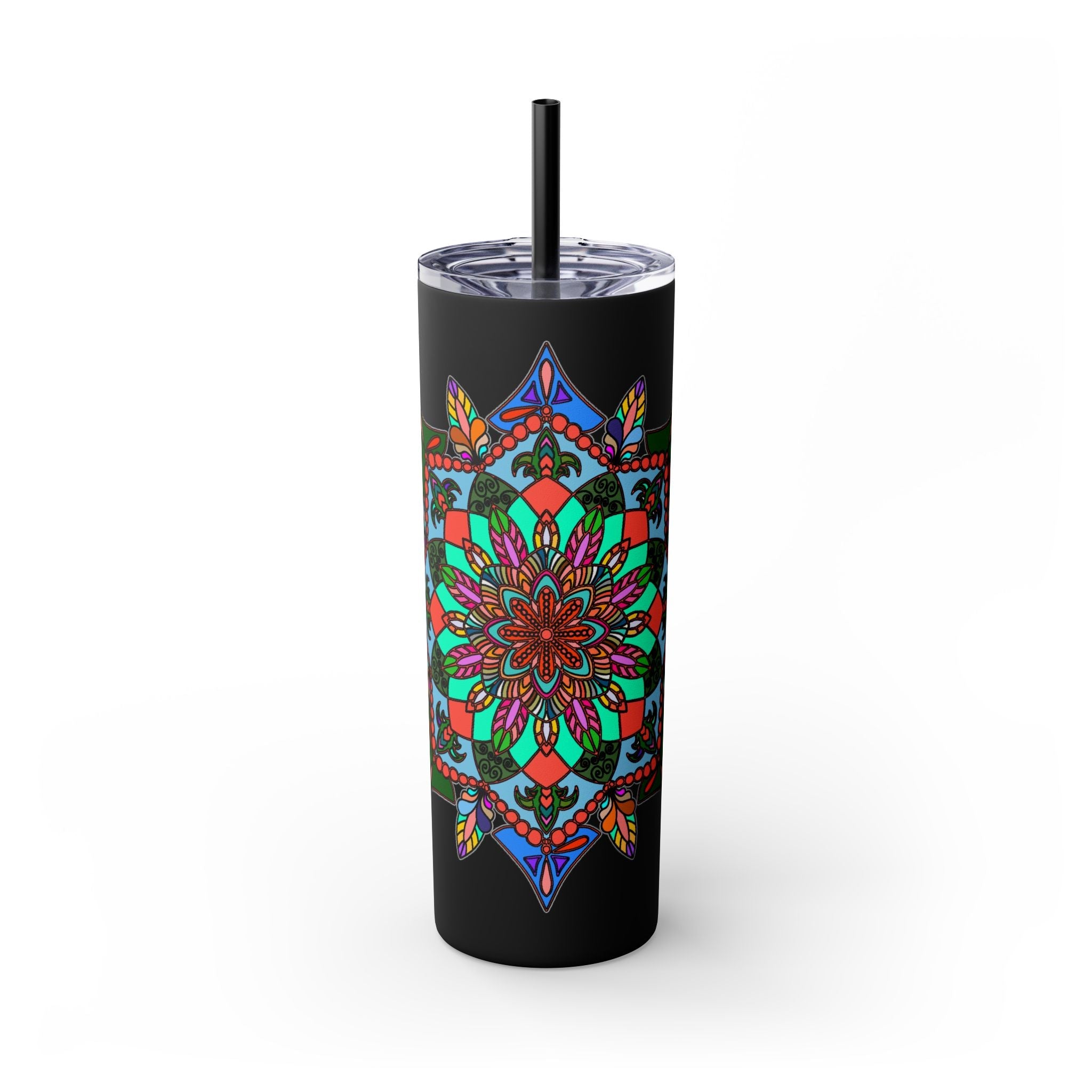 20oz Skinny Tumbler with Hand - drawn Colorful Mandala Design - Keeps Drinks Hot/Cold - BPA - Free - Blululi