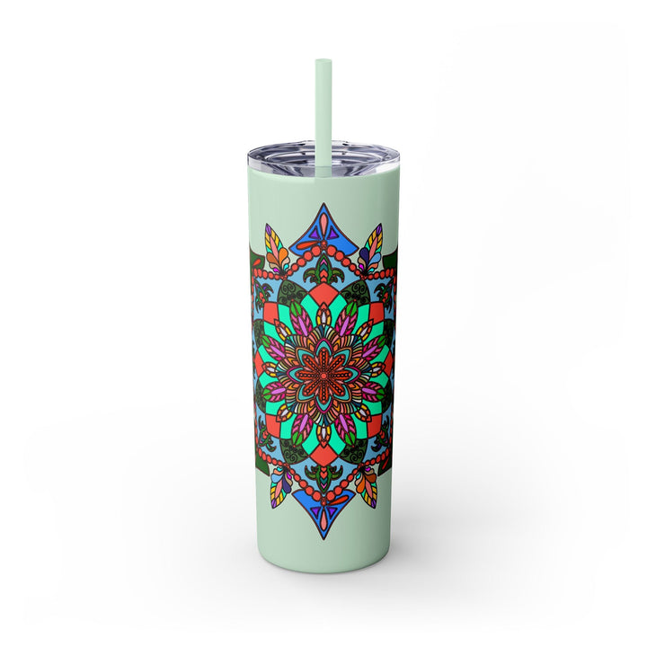 20oz Skinny Tumbler with Hand - drawn Colorful Mandala Design - Keeps Drinks Hot/Cold - BPA - Free - Blululi