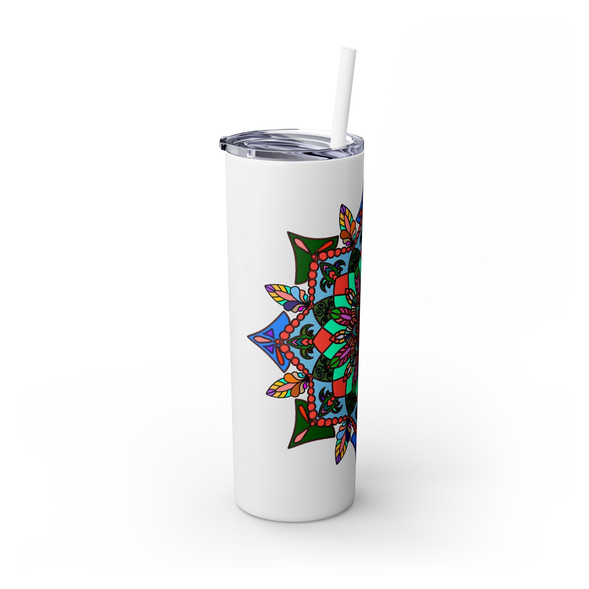 20oz Skinny Tumbler with Hand - drawn Colorful Mandala Design - Keeps Drinks Hot/Cold - BPA - Free - Blululi