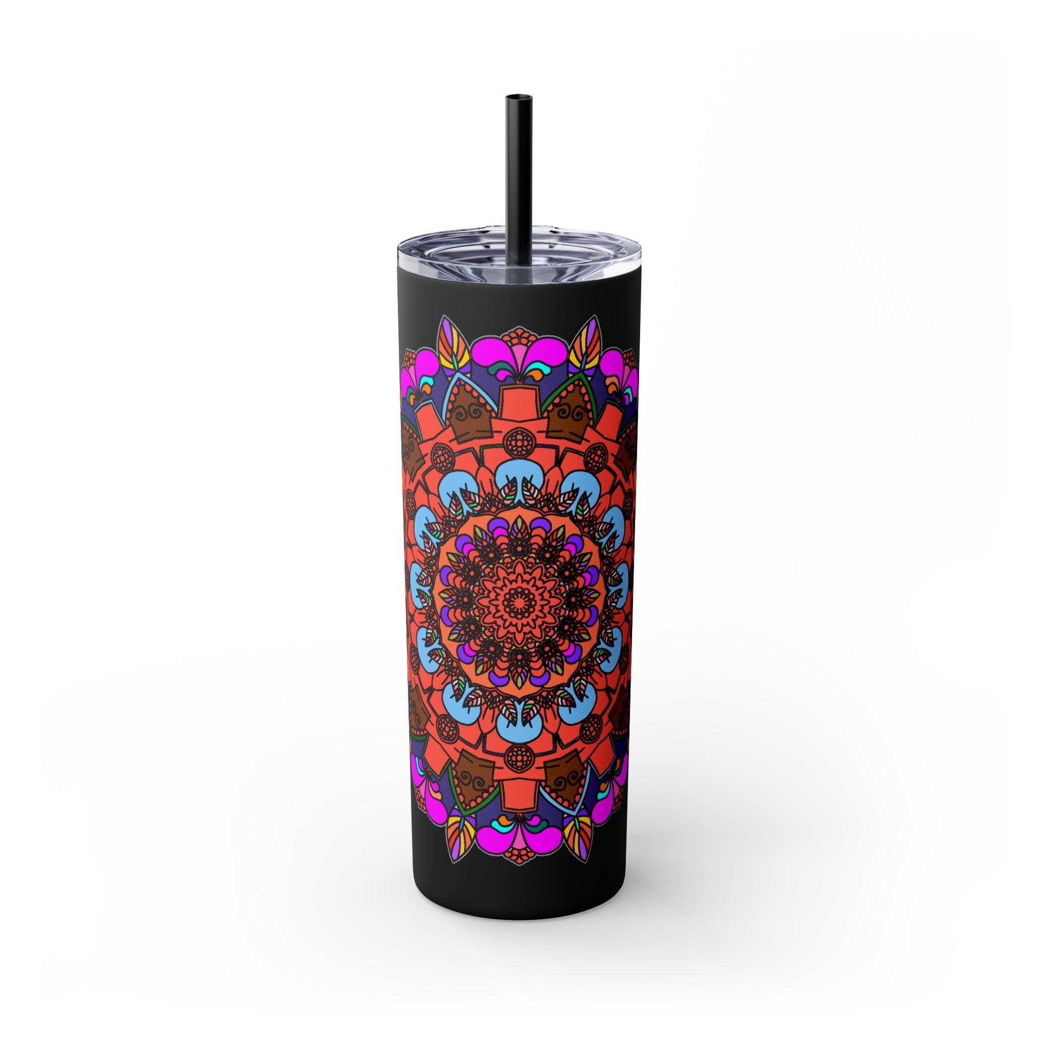 20oz Skinny Tumbler with Hand - drawn Colorful Mandala Design - Keeps Drinks Hot/Cold - BPA - Free - Blululi