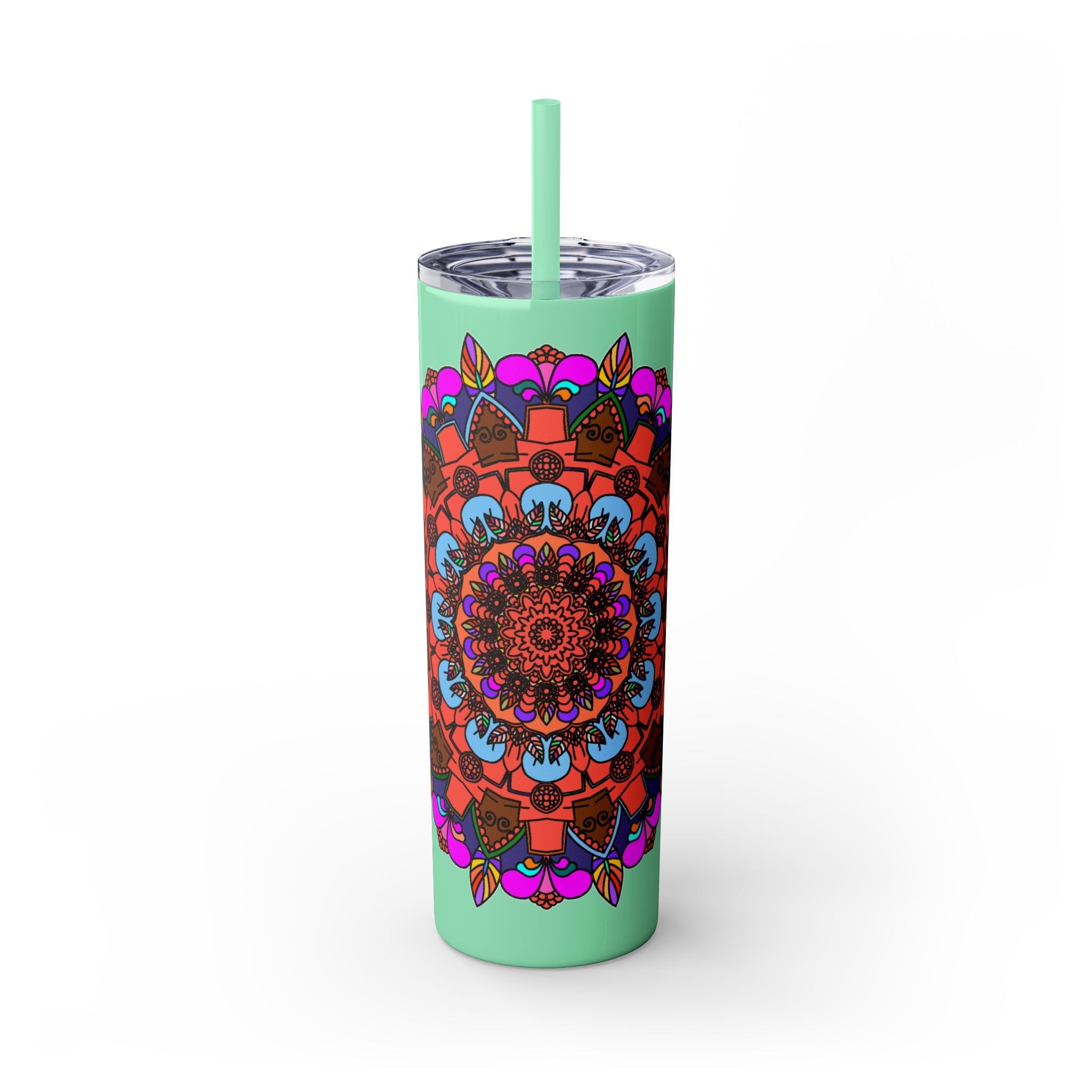 20oz Skinny Tumbler with Hand - drawn Colorful Mandala Design - Keeps Drinks Hot/Cold - BPA - Free - Blululi