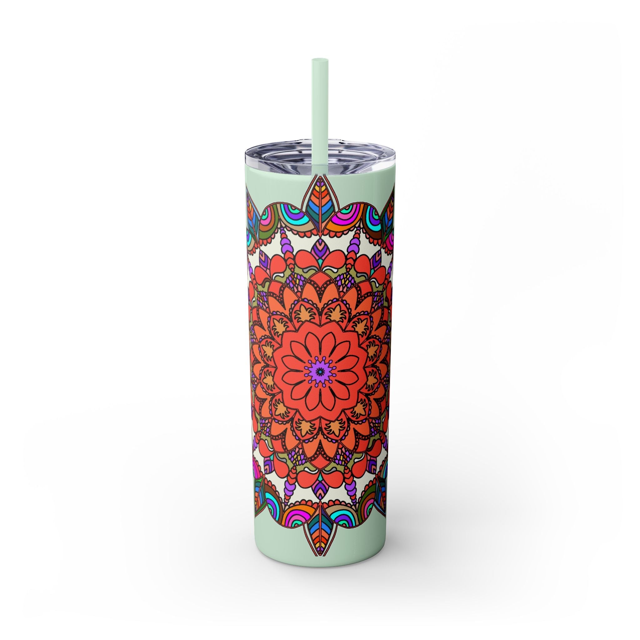 20oz Skinny Tumbler with Hand - drawn Colorful Mandala Design - Keeps Drinks Hot/Cold - BPA - Free - Blululi