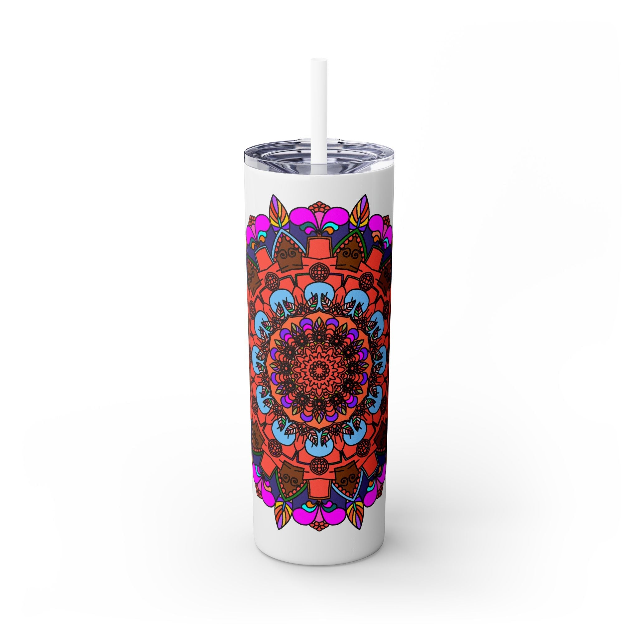 20oz Skinny Tumbler with Hand - drawn Colorful Mandala Design - Keeps Drinks Hot/Cold - BPA - Free - Blululi