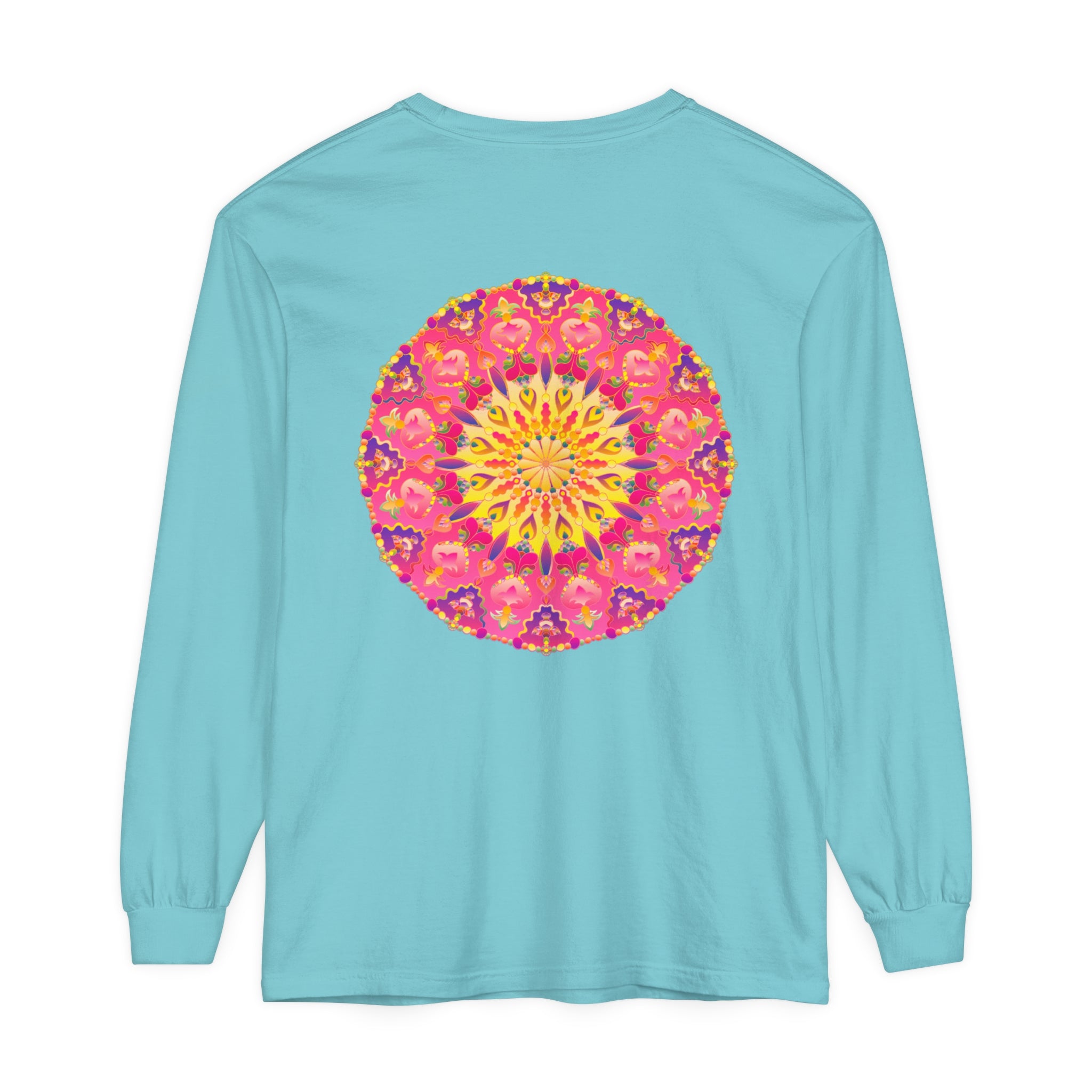 Colorful and intricate mandala design on a unisex long sleeve t-shirt