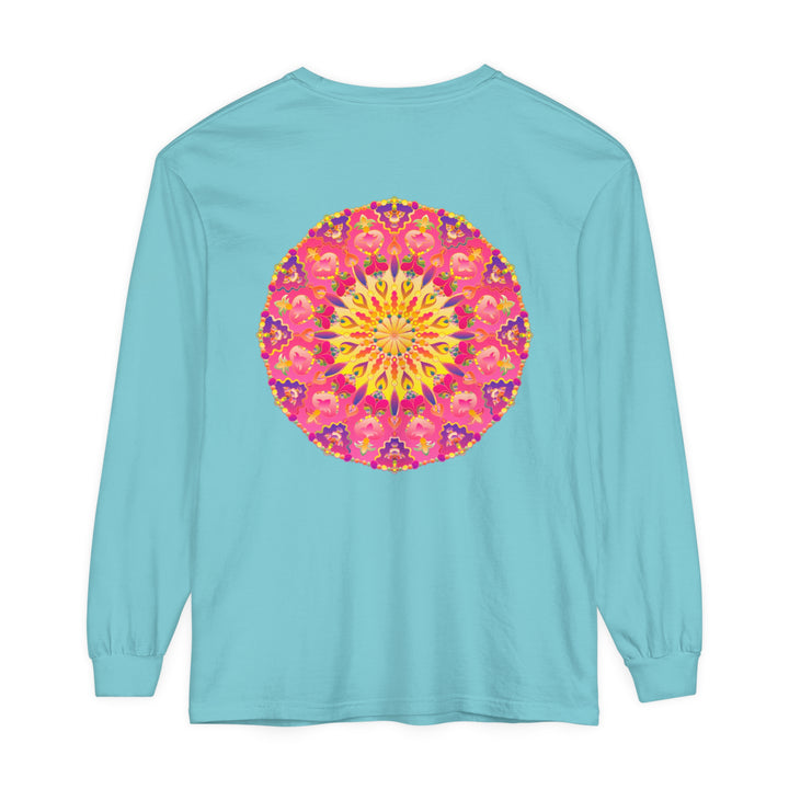 Colorful and intricate mandala design on a unisex long sleeve t-shirt