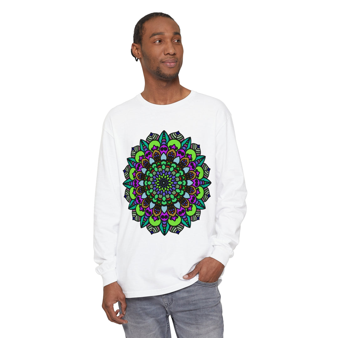 Vibrant and intricate psychedelic mandala design on unisex long sleeve t-shirt