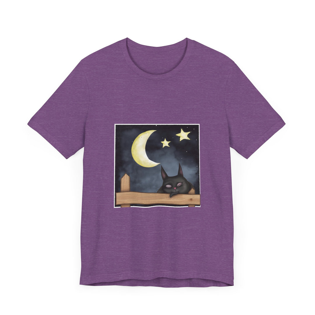 Sleepy Cat Moonlit Night T-Shirt: A cozy black graphic tee featuring a cute cat resting under the moonlight