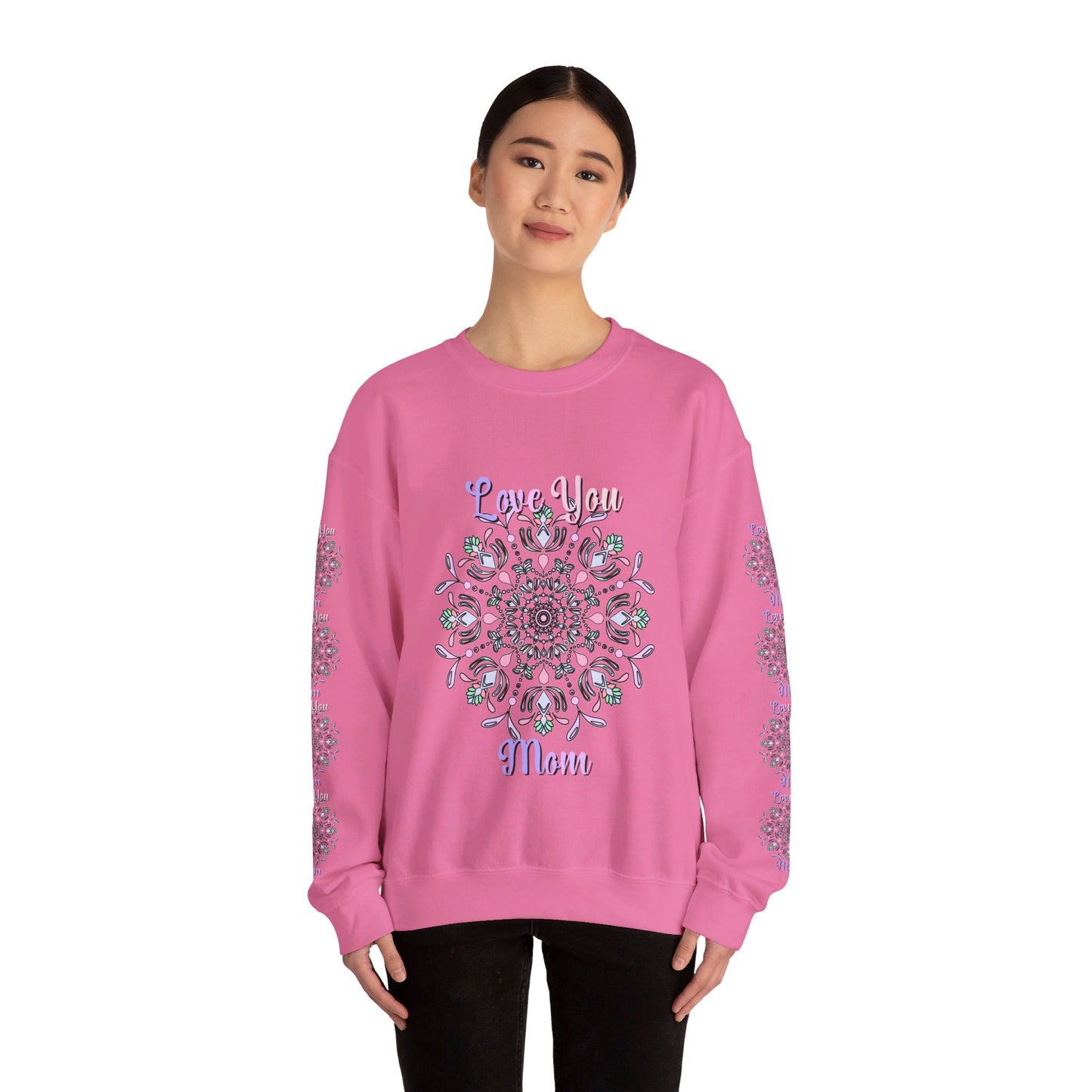 Cozy unisex crewneck sweatshirt with 'Love You Mom' design, perfect birthday gift for mom