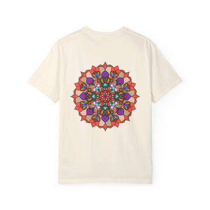 Close-up of unisex mandala t-shirt made of 100% ring-spun cotton, hand-drawn mandala art, and garment-dyed for extra comfort