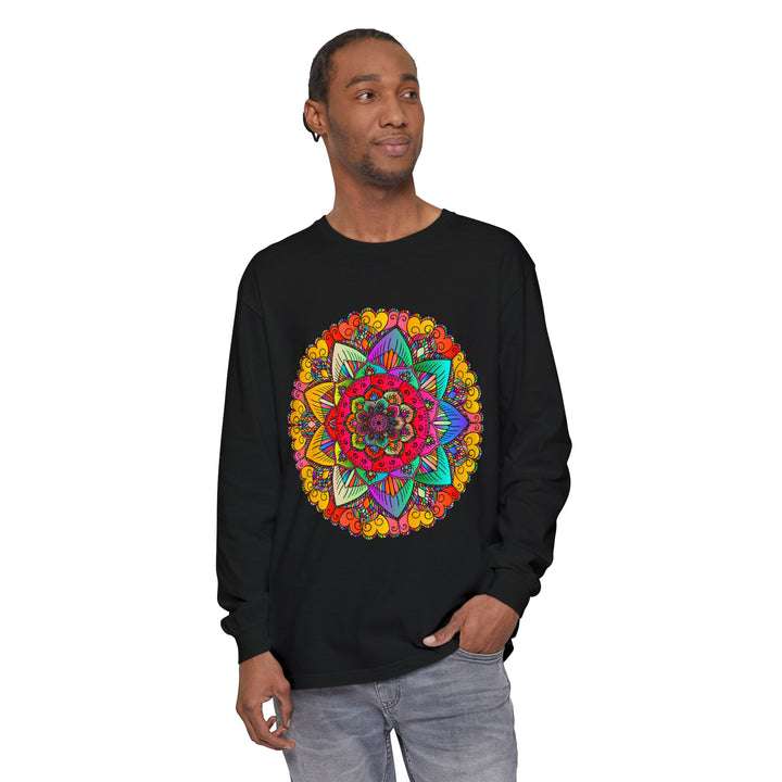 Colorful and intricate mandala design on a unisex long sleeve t-shirt