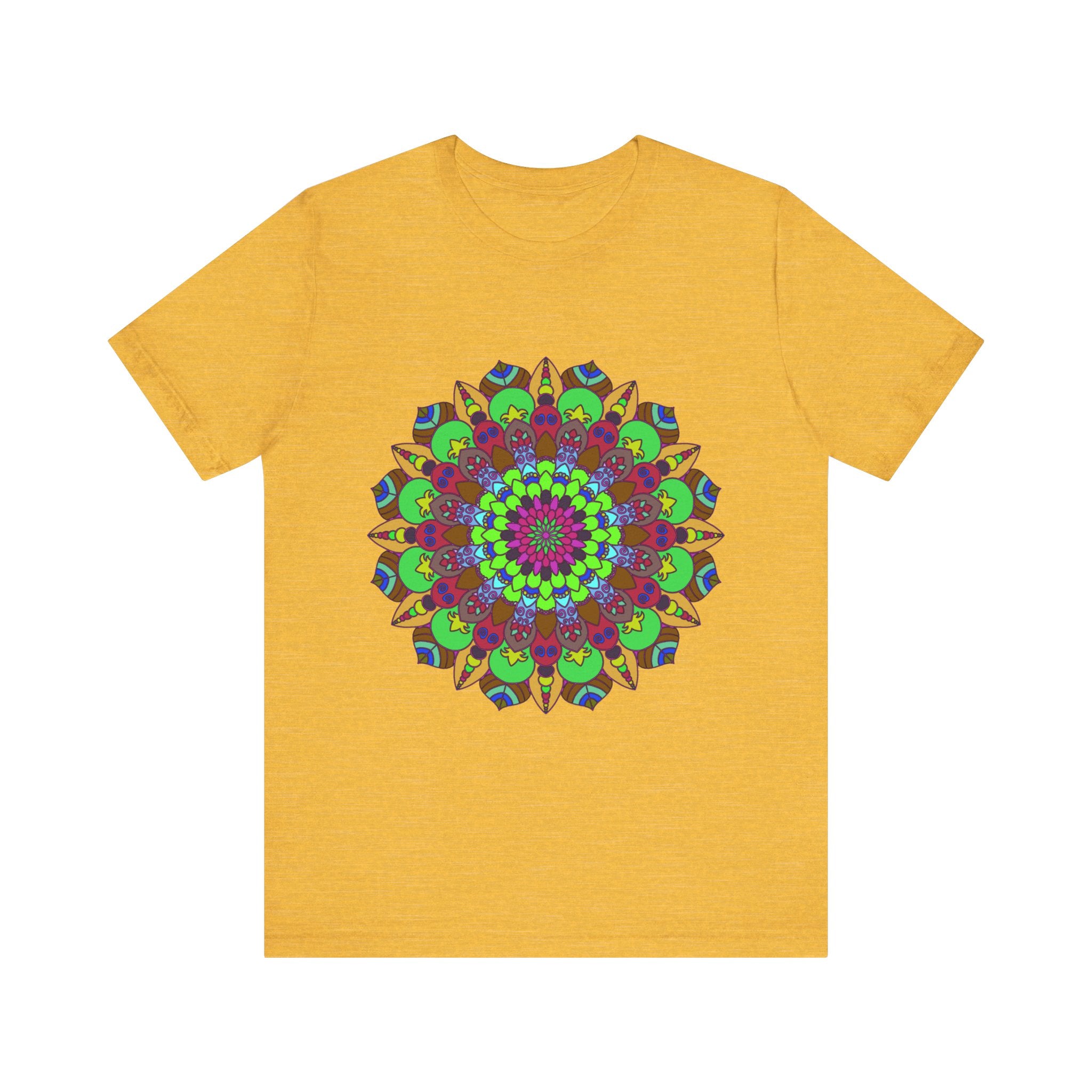 Colorful and intricate mandala design tee with cosmic and interconnected motifs