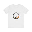 A close-up of a black t-shirt with a moon and cat design, perfect for those who love spooky and stylish clothing