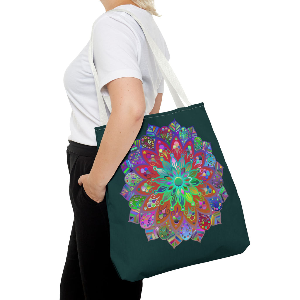 Dark green tote bag with intricate, colorful mandala design, perfect for carrying your belongings in style and adding a pop of color to your outfit