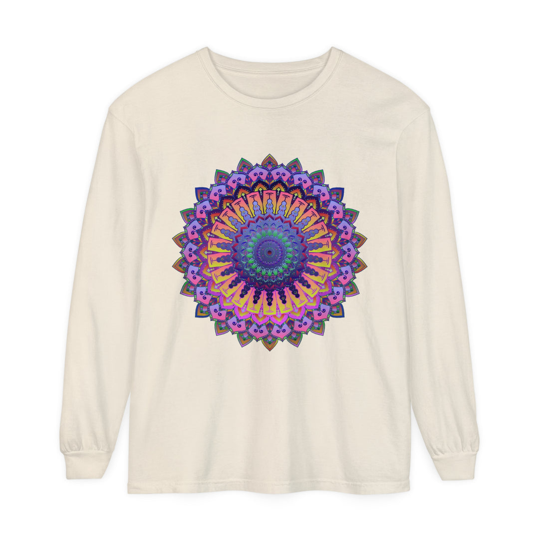 A detailed illustration of an intricate mandala design on a unisex long sleeve t-shirt