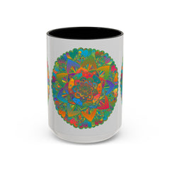 Beautiful and vibrant mandala art mug with a colorful floral design