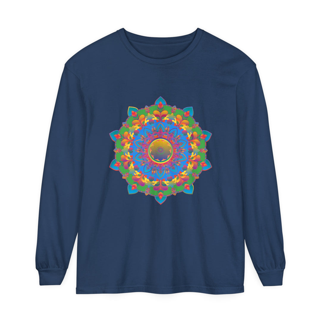 Beautiful long sleeve t-shirt featuring an intricate mandala design in vibrant colors