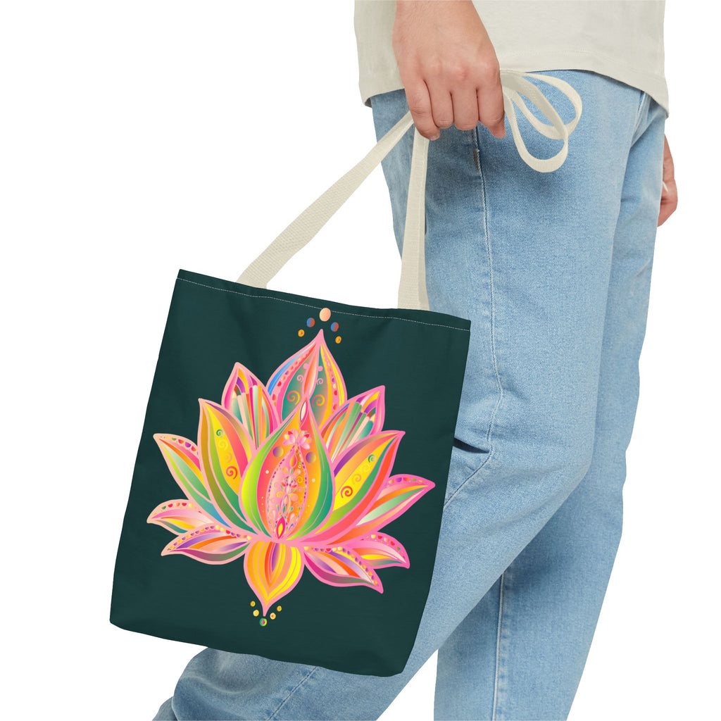 Colorful Mandala Lotus Tote Bag with intricate floral design and vibrant colors, perfect for carrying essentials and adding a pop of style to any outfit