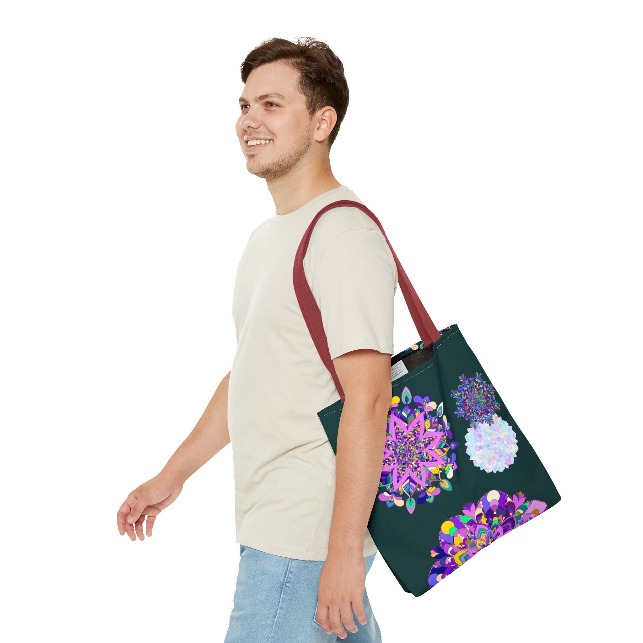 Colorful Mandala Tote Bag with intricate floral and geometric designs, perfect for carrying essentials and adding a bohemian touch to any outfit