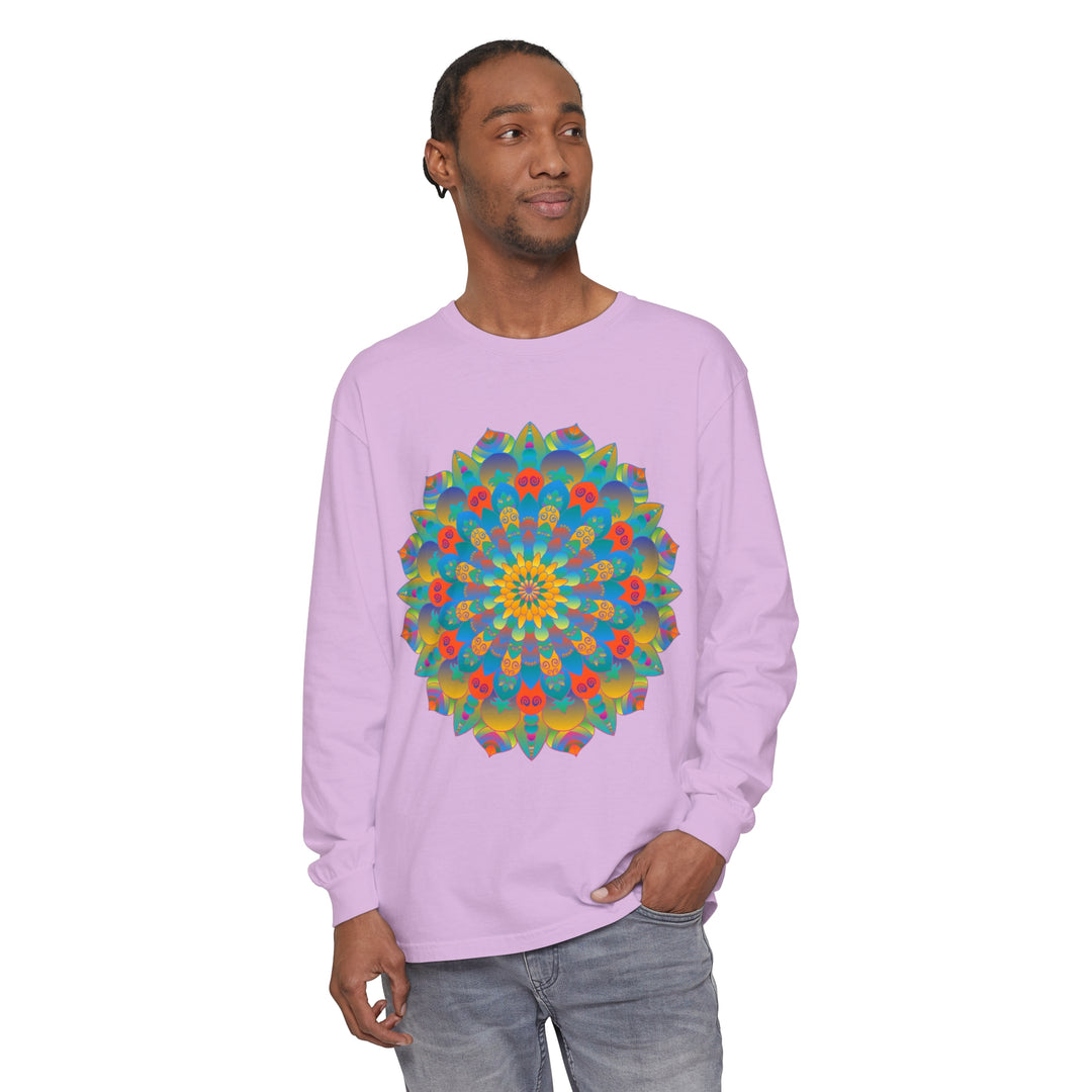 Colorful and intricate mandala design long sleeve t-shirt, suitable for both men and women