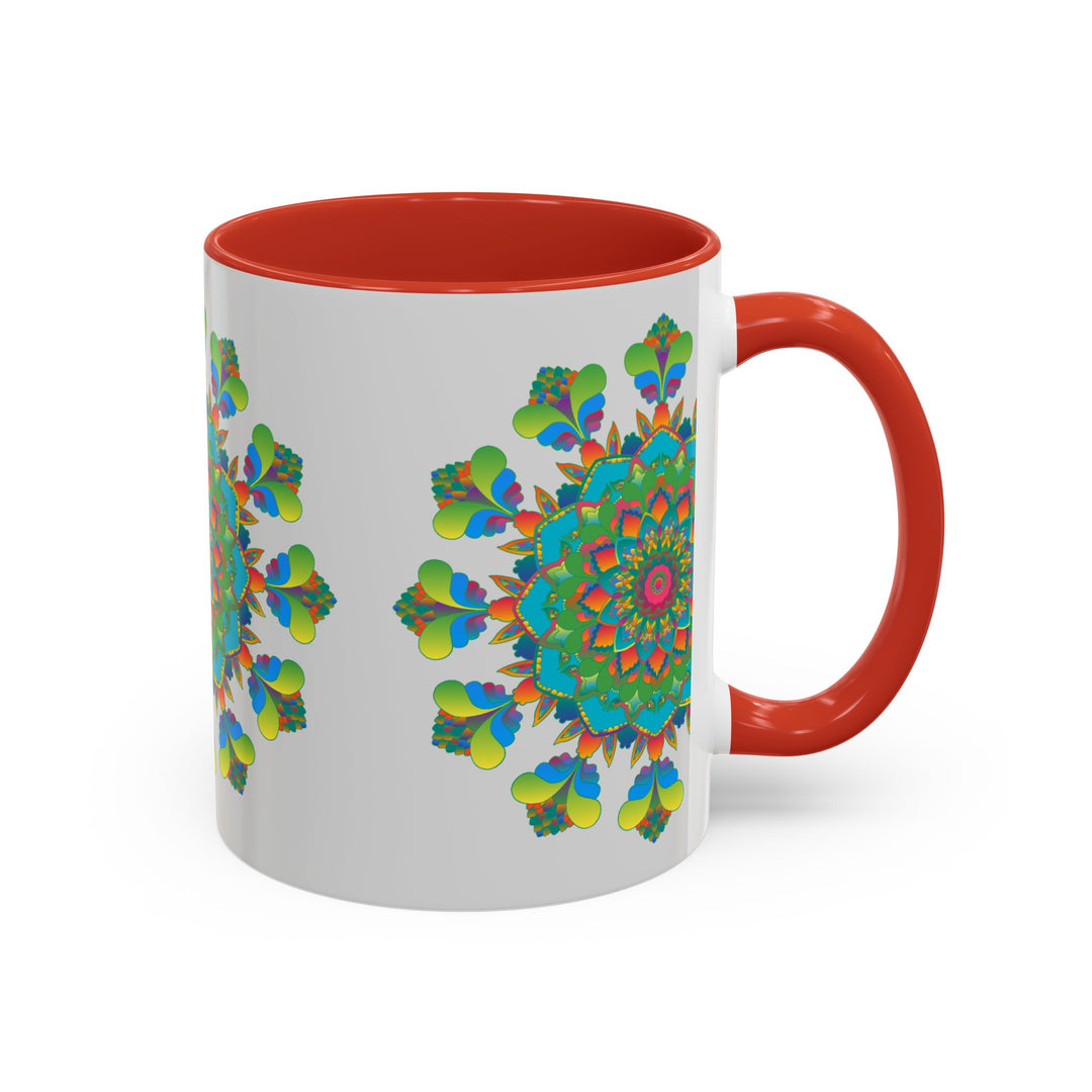 Detail shot of Mandala Art Mug - Vibrant Colors on Grey displaying the glossy finish and vibrant colors